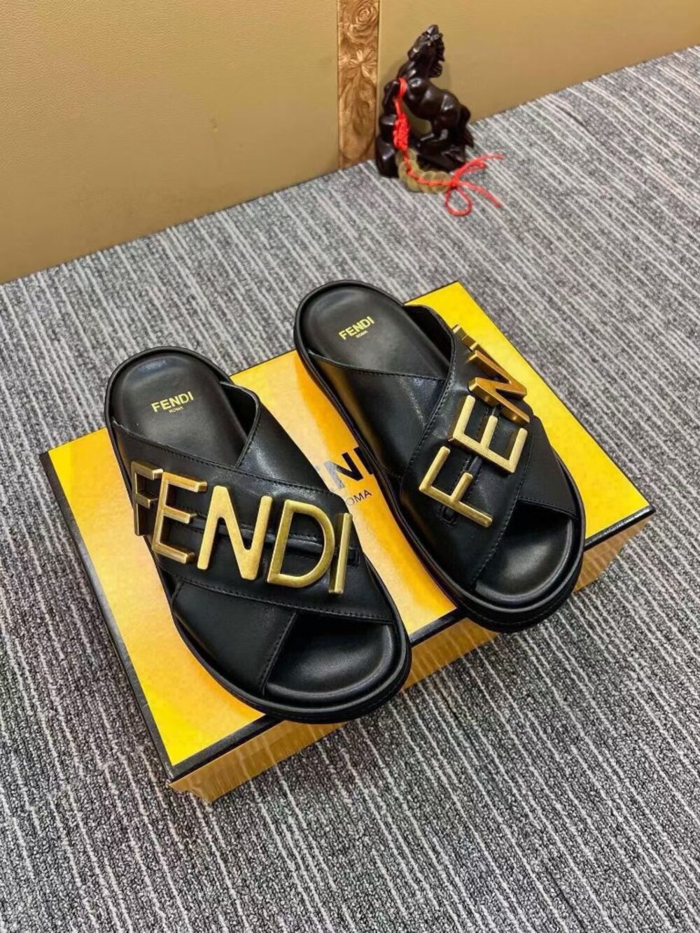 Authentic Fendi Black Leather Cross Strap Slide Sandals Gold 3D FENDI Logo